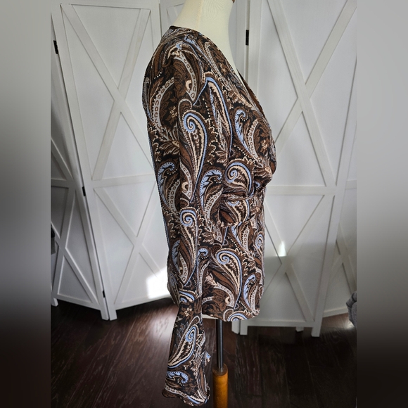 Milano - Brown Paisley Wrap Blouse with Blue Accents & Long Bell Sleeves - Picture 6 of 10